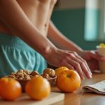 Runner in a cozy kitchen considering simple, colorful foods like oranges, nuts, and yogurt after a workout, with details highlighting a relaxed, everyday recovery routine.