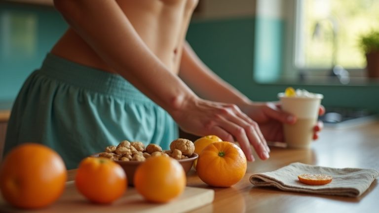 Runner in a cozy kitchen considering simple, colorful foods like oranges, nuts, and yogurt after a workout, with details highlighting a relaxed, everyday recovery routine.