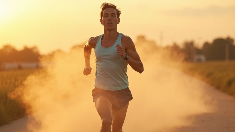 A focused runner in their 20s strides through a suspended protein powder veil at sunset, symbolizing breakthrough moments in nutrition awareness.