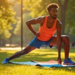Focused runner stretching on a sunlit park mat surrounded by exercise gear, highlighting muscle recovery immediately after a run.
