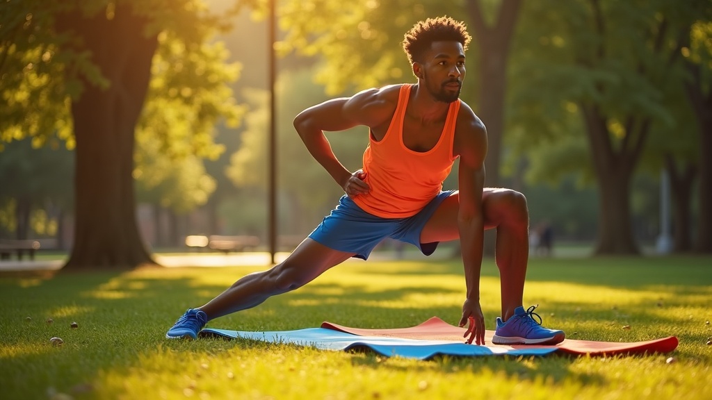 Focused runner stretching on a sunlit park mat surrounded by exercise gear, highlighting muscle recovery immediately after a run.