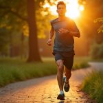 Young male runner on a sunlit park trail, pausing mid-stride with a focused expression as evening light emphasizes vibrant green foliage and shifting shadows.