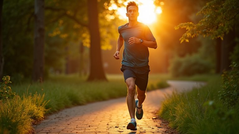 Young male runner on a sunlit park trail, pausing mid-stride with a focused expression as evening light emphasizes vibrant green foliage and shifting shadows.