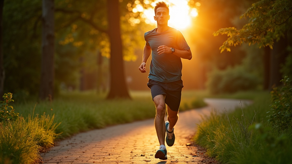 Young male runner on a sunlit park trail, pausing mid-stride with a focused expression as evening light emphasizes vibrant green foliage and shifting shadows.