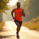 A focused runner mid-stride on a sunlit urban trail, with vibrant motion and contrasting athletic attire emphasizing movement and determination.