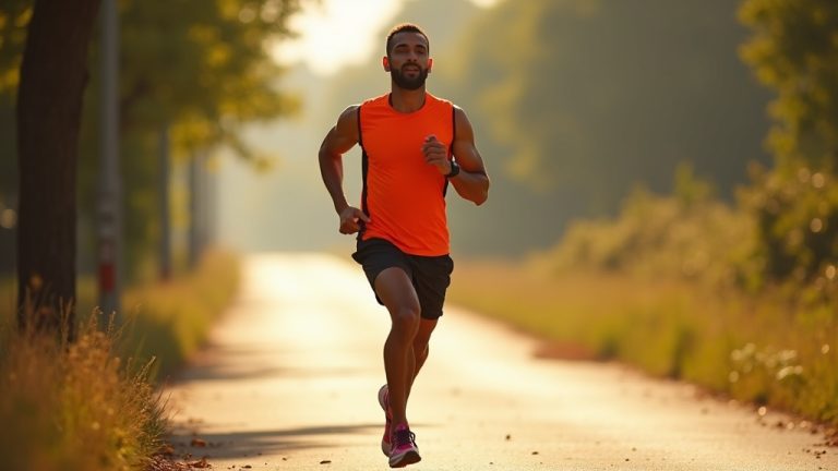 A focused runner mid-stride on a sunlit urban trail, with vibrant motion and contrasting athletic attire emphasizing movement and determination.