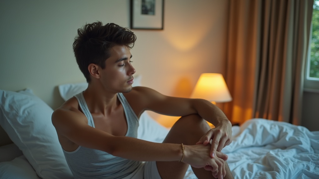 Runner stretching on their bed in early morning light, framed by soft natural and indoor lighting, preparing for a new day.