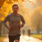 Focused runner striding through an autumn city park at sunrise, highlighting determination and early signs of exertion.