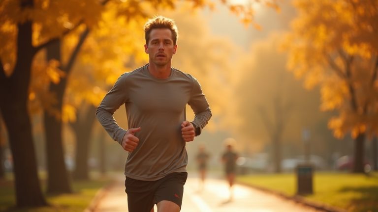 Focused runner striding through an autumn city park at sunrise, highlighting determination and early signs of exertion.