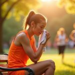 An exhausted runner in vibrant athletic wear sits on a park bench at sunset, pausing in deep thought while other joggers blur past in motion.