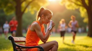 An exhausted runner in vibrant athletic wear sits on a park bench at sunset, pausing in deep thought while other joggers blur past in motion.