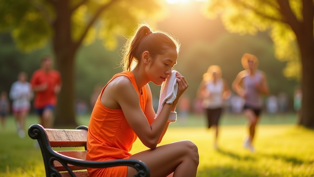 An exhausted runner in vibrant athletic wear sits on a park bench at sunset, pausing in deep thought while other joggers blur past in motion.
