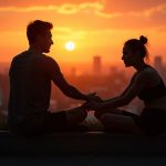 A young runner stretching on a city rooftop at sunset, showing calm focus and dedication to post-run recovery.