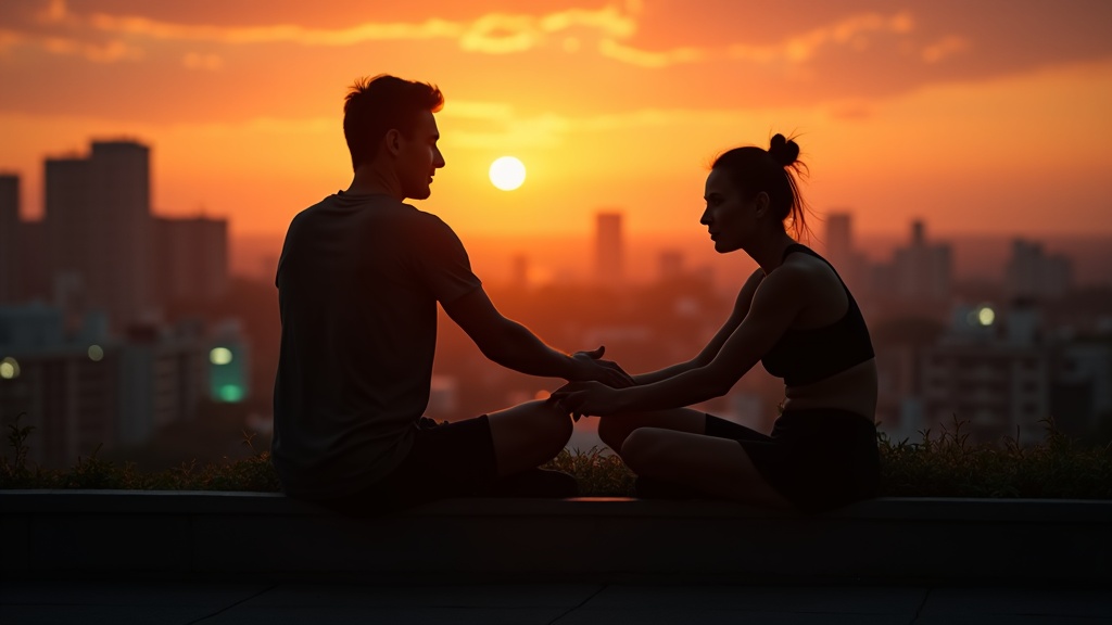 A young runner stretching on a city rooftop at sunset, showing calm focus and dedication to post-run recovery.