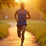 A determined runner in motion on a sunlit park trail at dawn, highlighted by warm sunlight and vivid foliage, symbolizing persistence and focus before a run.