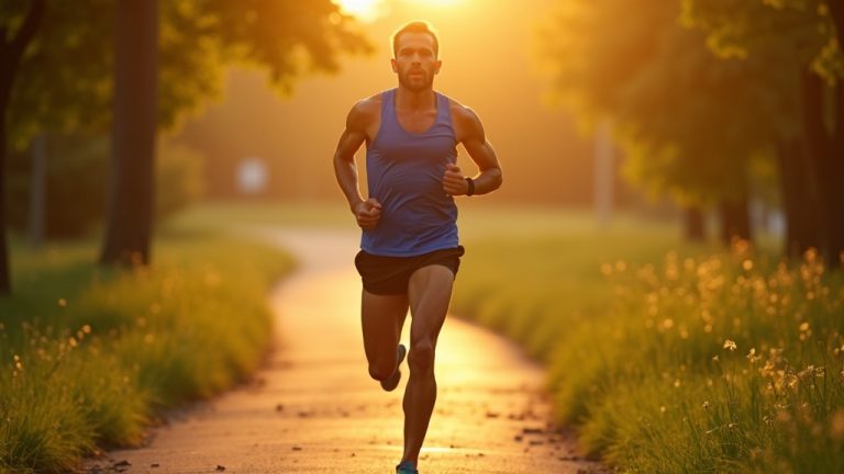 A determined runner in motion on a sunlit park trail at dawn, highlighted by warm sunlight and vivid foliage, symbolizing persistence and focus before a run.