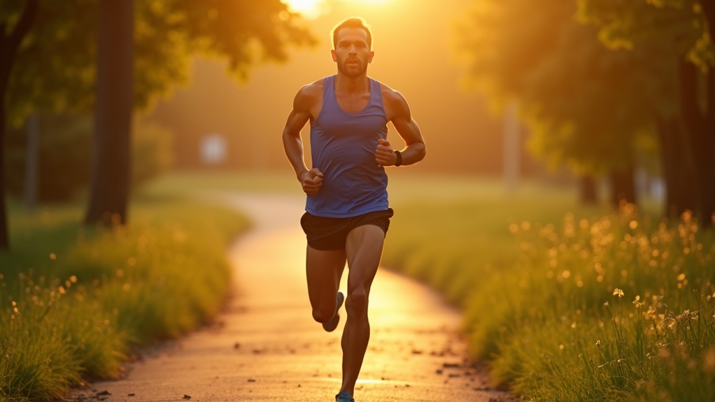 A determined runner in motion on a sunlit park trail at dawn, highlighted by warm sunlight and vivid foliage, symbolizing persistence and focus before a run.
