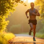 Runner mid-stride on a sunlit park trail, showing natural fatigue and determination with sunlight and foliage highlighting movement.