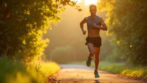 Runner mid-stride on a sunlit park trail, showing natural fatigue and determination with sunlight and foliage highlighting movement.
