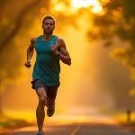 A focused runner strides along a sunlit, tree-lined path, water droplets sparkling around them amid vibrant greenery and warm golden light.