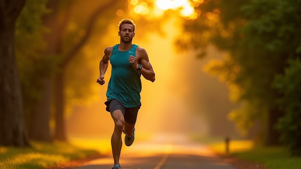 A focused runner strides along a sunlit, tree-lined path, water droplets sparkling around them amid vibrant greenery and warm golden light.