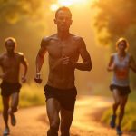 Focused runner powering through an urban park at golden hour, muscles tense and determination visible as sunlight highlights motion and intensity.