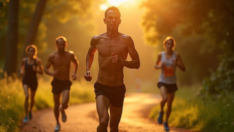 Focused runner powering through an urban park at golden hour, muscles tense and determination visible as sunlight highlights motion and intensity.