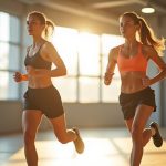 A focused runner transitions smoothly from running to strength training with a resistance band in a sunlit gym, highlighting the balance between both workouts.