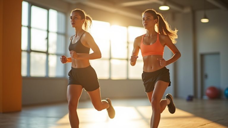 A focused runner transitions smoothly from running to strength training with a resistance band in a sunlit gym, highlighting the balance between both workouts.