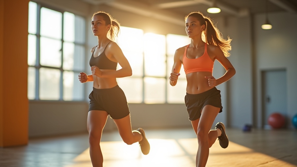 A focused runner transitions smoothly from running to strength training with a resistance band in a sunlit gym, highlighting the balance between both workouts.