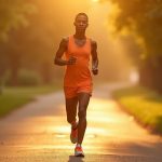 A runner pauses at a sunlit park path intersection at dawn, appearing thoughtful about their next move, dressed in bright orange among golden light and tree shade.