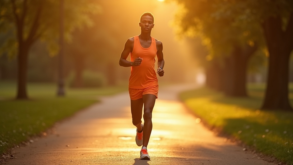 A runner pauses at a sunlit park path intersection at dawn, appearing thoughtful about their next move, dressed in bright orange among golden light and tree shade.