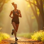 A focused runner enjoying an easy-paced stride along a sunlit forest path, highlighting both relaxed effort and natural surroundings.