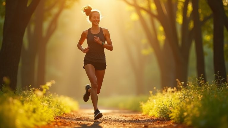 A focused runner enjoying an easy-paced stride along a sunlit forest path, highlighting both relaxed effort and natural surroundings.
