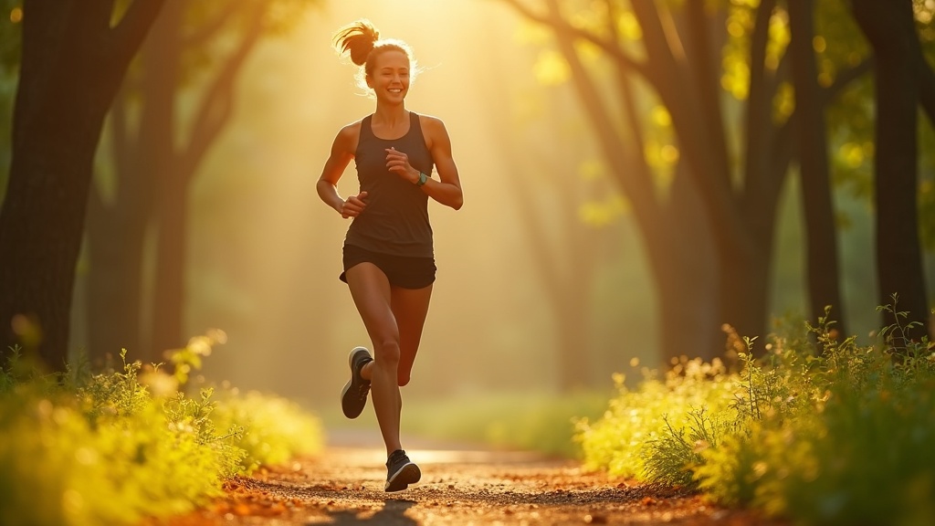 A focused runner enjoying an easy-paced stride along a sunlit forest path, highlighting both relaxed effort and natural surroundings.