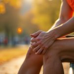 A focused runner massaging their knee on a sunlit park bench, surrounded by autumn trees and blurred city activity.
