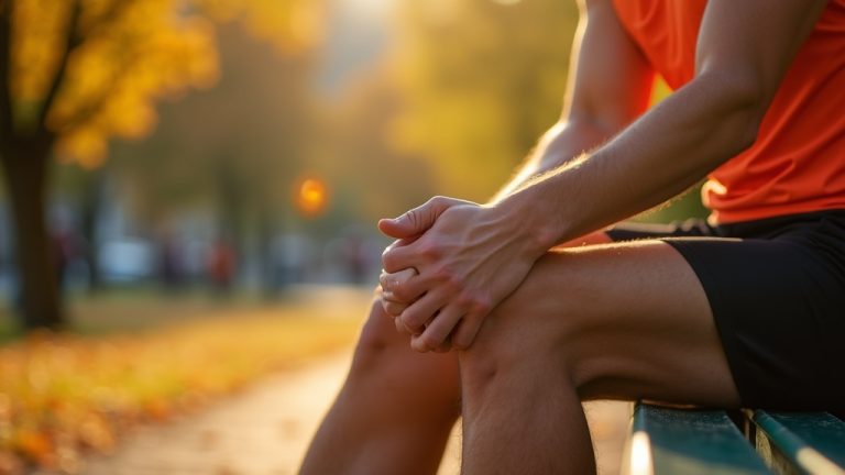 A focused runner massaging their knee on a sunlit park bench, surrounded by autumn trees and blurred city activity.