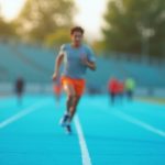 Runner striding with focus on a blue track under morning light, conveying determination and energy in the context of heart rate zone training.
