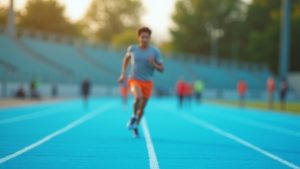 Runner striding with focus on a blue track under morning light, conveying determination and energy in the context of heart rate zone training.