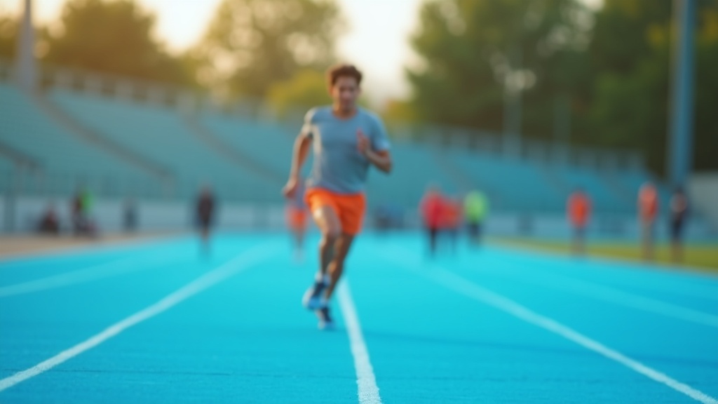 Runner striding with focus on a blue track under morning light, conveying determination and energy in the context of heart rate zone training.
