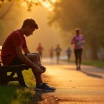 A young adult runner tying their shoes on a park bench at dawn, looking determined yet uncertain, with warm sunlight casting long shadows along a green path.