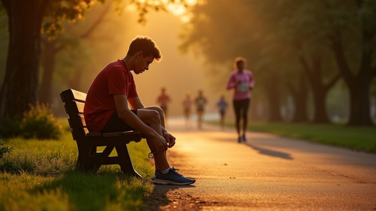 A young adult runner tying their shoes on a park bench at dawn, looking determined yet uncertain, with warm sunlight casting long shadows along a green path.