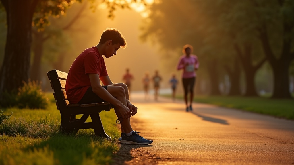A young adult runner tying their shoes on a park bench at dawn, looking determined yet uncertain, with warm sunlight casting long shadows along a green path.