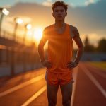 Runner pausing on a dimly lit track at sunset, appearing thoughtful and fatigued, highlighted in vibrant athletic gear against contrasting colors, emphasizing the ongoing challenges of injury recovery.