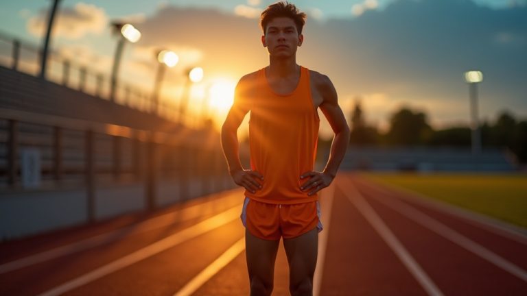 Runner pausing on a dimly lit track at sunset, appearing thoughtful and fatigued, highlighted in vibrant athletic gear against contrasting colors, emphasizing the ongoing challenges of injury recovery.