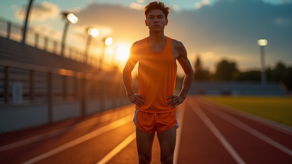 Runner pausing on a dimly lit track at sunset, appearing thoughtful and fatigued, highlighted in vibrant athletic gear against contrasting colors, emphasizing the ongoing challenges of injury recovery.