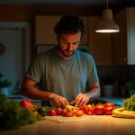 Runner chopping colorful vegetables in a warmly lit kitchen, preparing a simple meal before a run