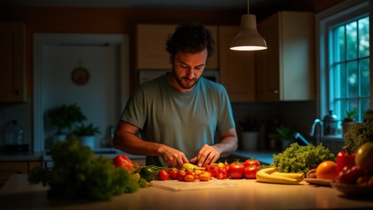 Runner chopping colorful vegetables in a warmly lit kitchen, preparing a simple meal before a run
