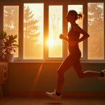 Runner stretching with one leg on a windowsill in morning light, mid-motion and focused, inside a sunlit room with green plants and layered reflections.