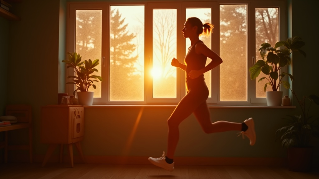 Runner stretching with one leg on a windowsill in morning light, mid-motion and focused, inside a sunlit room with green plants and layered reflections.